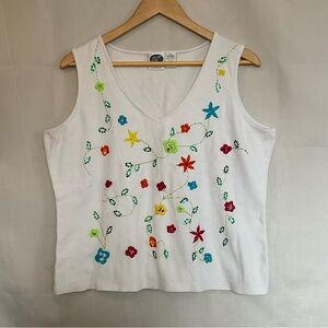 Vintage DG2 Diane Gilman Embroidered and Beaded Floral Ribbed Tank Top